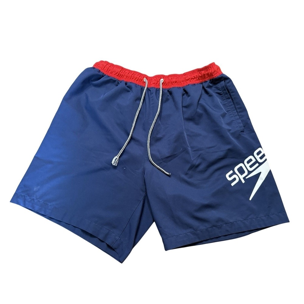 Speedo Swim Trunks Mens XL Navy Blue Red Colorblock‎ Graphic Logo Board Shorts